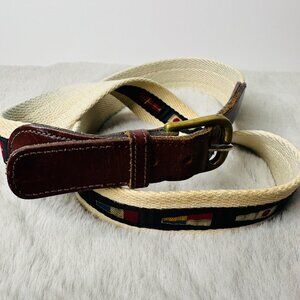 Leather Man Belt Mens 34 Nautical Flags Sailing Boat Essex CT USA Brass Buckle